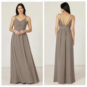 NWT Azazie Blake Chiffon Lace Pleated A-line Formal Bridesmaids Maxi Dress Taupe